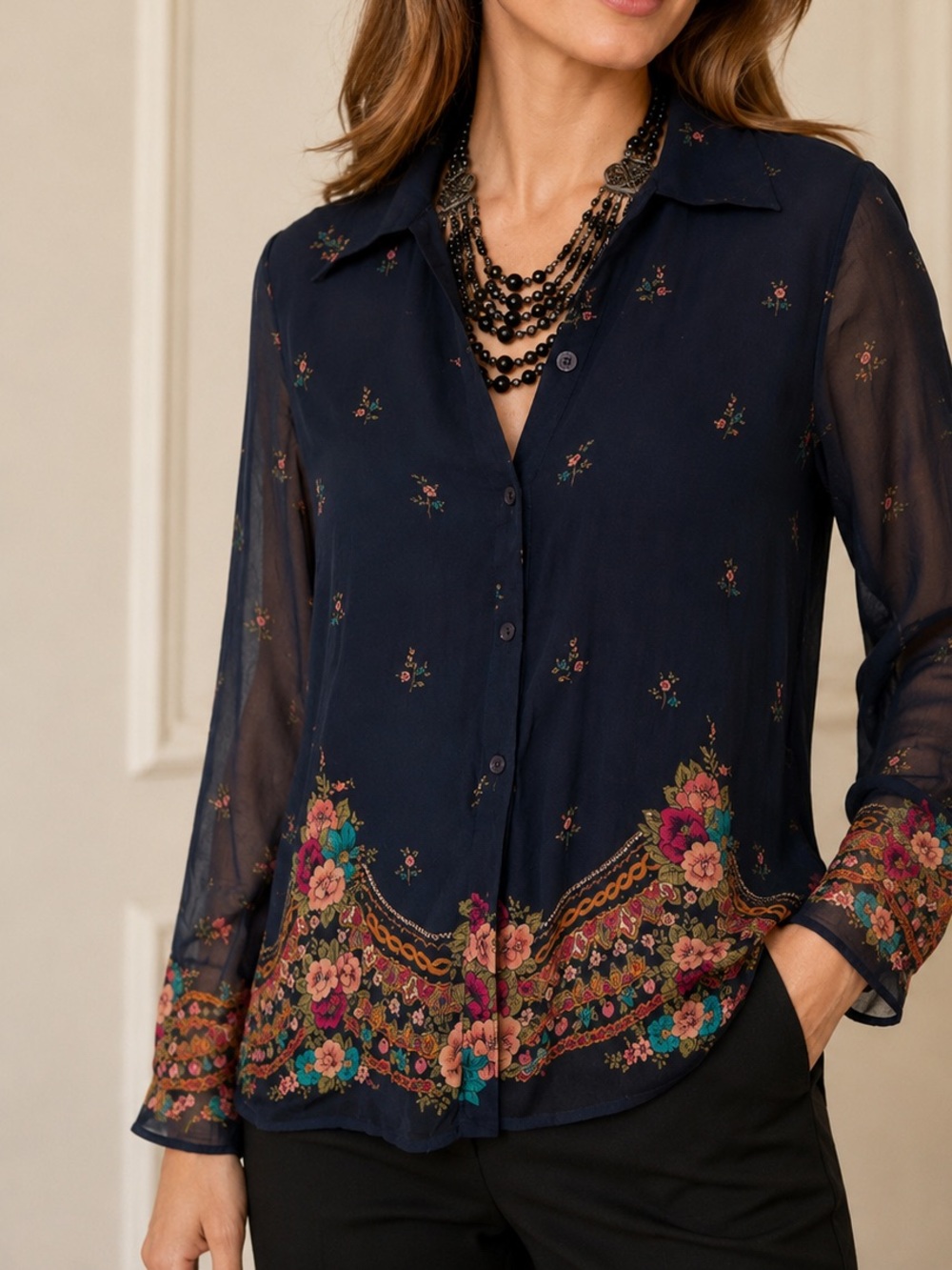 100% Silk XL-Navy Floral Border Sheer Button-Up Blouse